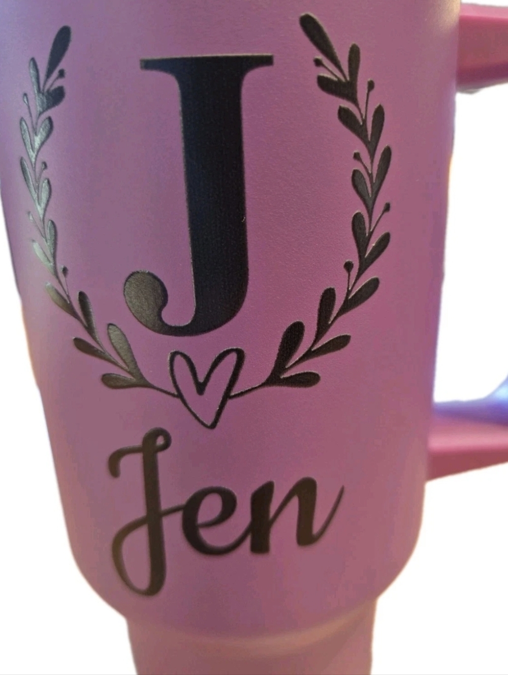 Purple 40oz Insulated Tumbler w Handle Personalized “Jen” Initial J Cup - Picture 2 of 11